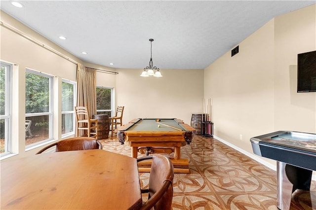 recreation room with a textured ceiling, recessed lighting, billiards, visible vents, and baseboards