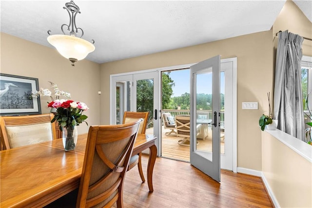 dining room featuring baseboards, french doors, wood finished floors, and a healthy amount of sunlight