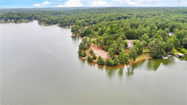 aerial view with a water view and a wooded view