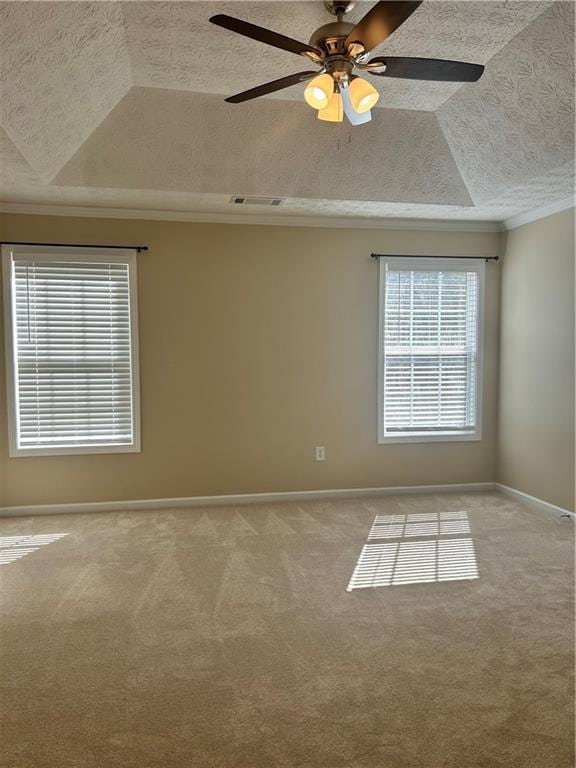 empty room featuring ornamental molding, a raised ceiling, carpet flooring, and a textured ceiling