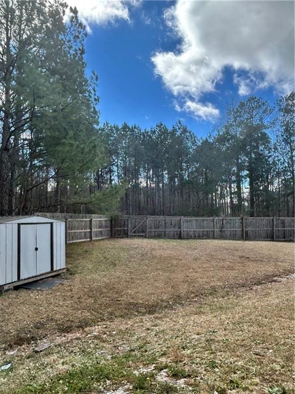 view of yard with a storage shed, an outdoor structure, and a fenced backyard