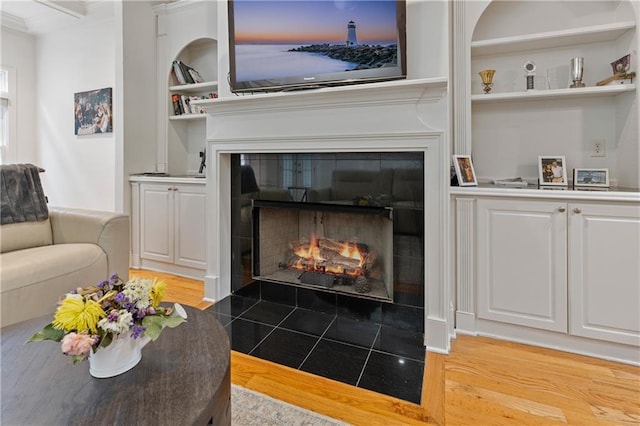 1003 Pearl Pt NE, Sandy Springs, GA 30328 - living room with a tiled fireplace, light wood finished floors, and built in shelves