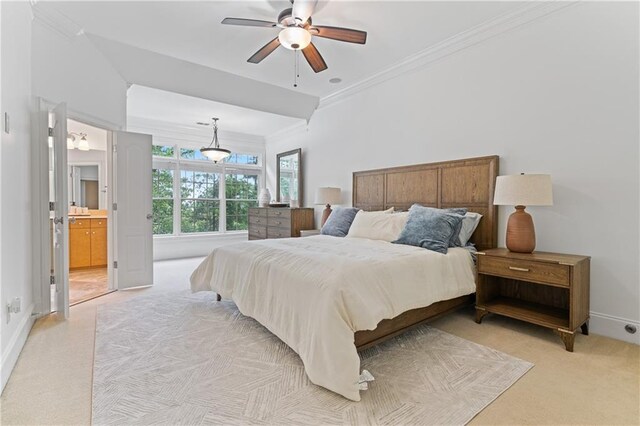 1003 Pearl Pt NE, Sandy Springs, GA 30328 - bedroom with light colored carpet, ornamental molding, baseboards, and a ceiling fan