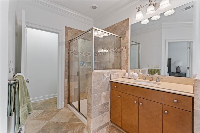 1003 Pearl Pt NE, Sandy Springs, GA 30328 - bathroom featuring a stall shower, vanity, crown molding, and stone finish flooring