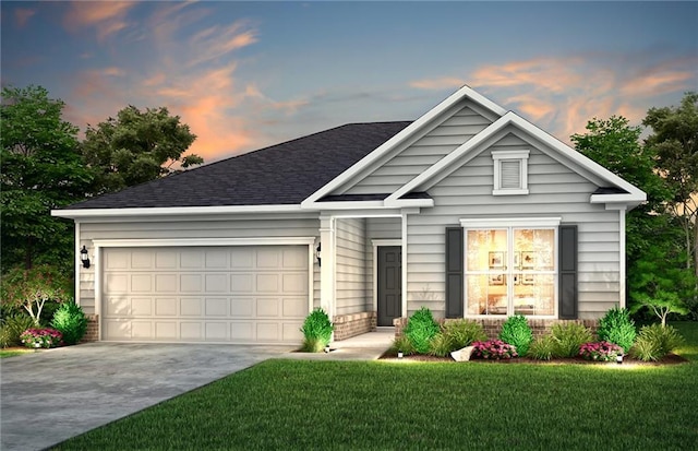 view of front of house with a lawn, driveway, a shingled roof, and a garage