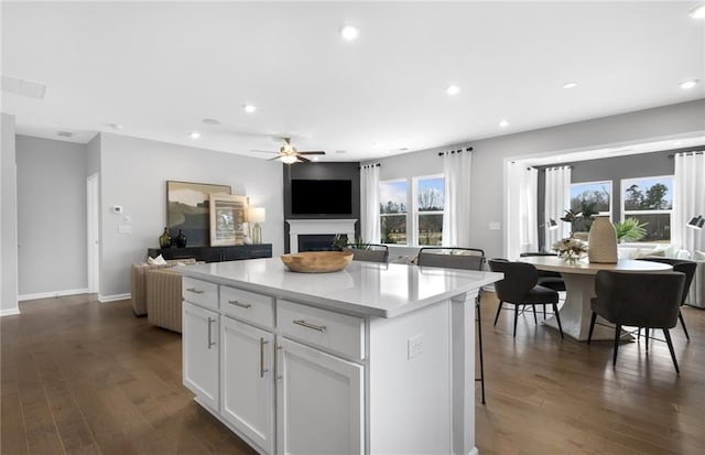 kitchen with dark wood-type flooring, ceiling fan, open floor plan, a fireplace, and white cabinets