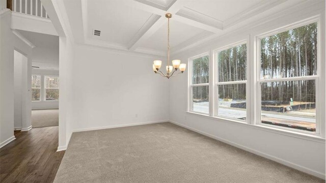 13917 Homer Ln, Covington, GA 30014 - empty room with coffered ceiling, beam ceiling, baseboards, visible vents, and an inviting chandelier
