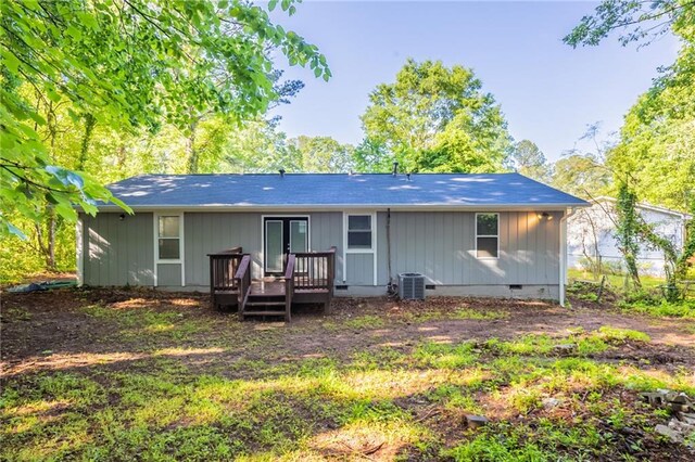 4650 Big Valley Ct, Stone Mountain, GA 30083 - rear view of property with a wooden deck, crawl space, and central air condition unit