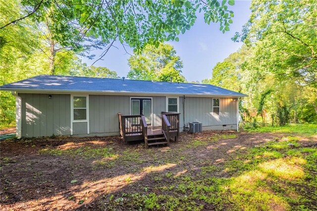 4650 Big Valley Ct, Stone Mountain, GA 30083 - rear view of property with a wooden deck, central air condition unit, and crawl space