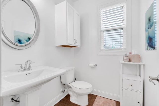 bathroom with toilet and hardwood / wood-style floors