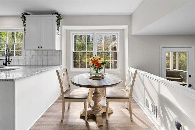 dining room with light hardwood / wood-style floors, a healthy amount of sunlight, and sink