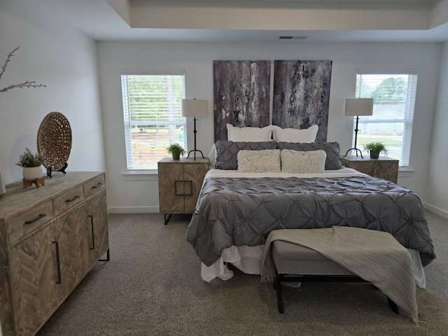 carpeted bedroom featuring a tray ceiling and multiple windows