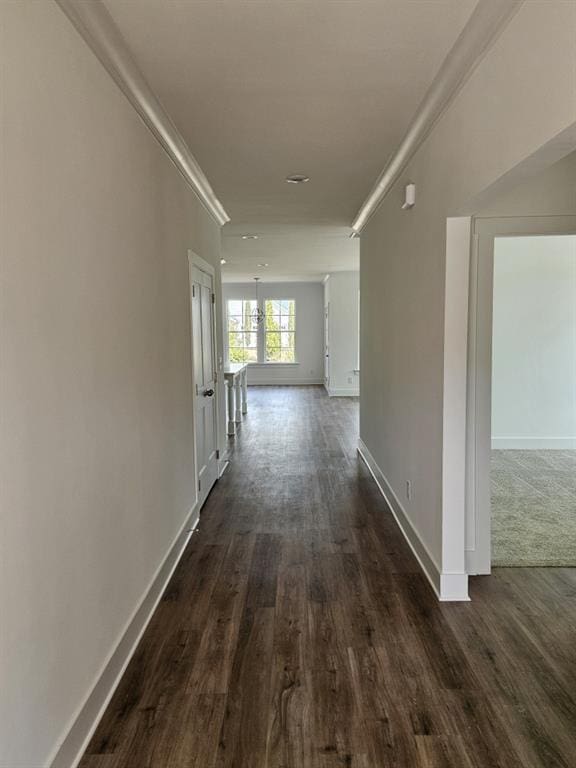 hall with crown molding, baseboards, and dark wood-style flooring