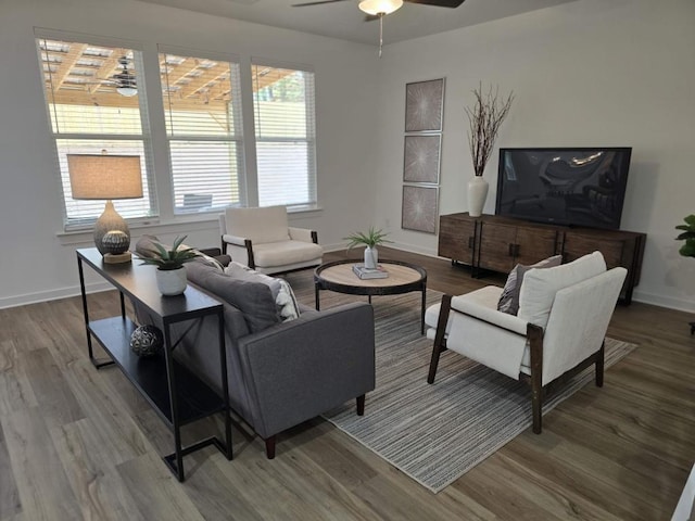 living room featuring hardwood / wood-style floors and ceiling fan