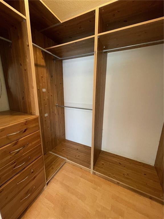 walk in closet with light hardwood / wood-style flooring