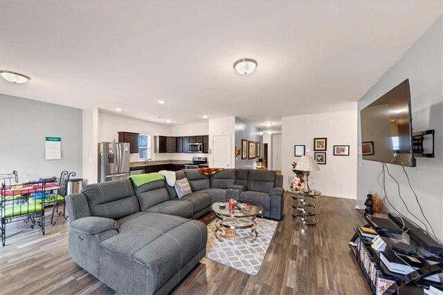 living room with dark hardwood / wood-style floors