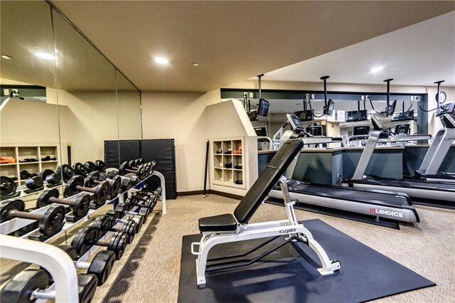 exercise room featuring light carpet