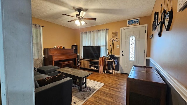 112 Hilltop Dr, Newborn, GA 30056 - living room with ceiling fan, a textured ceiling, and wood finished floors