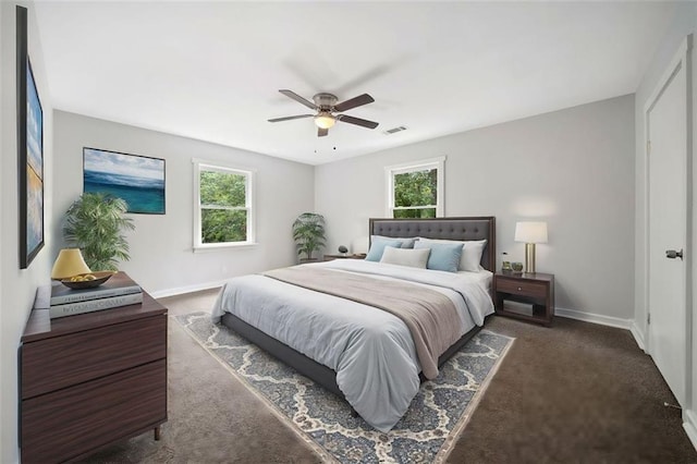 440 Colbert Rd, Dallas, GA 30132 - bedroom with dark carpet, multiple windows, baseboards, and a ceiling fan