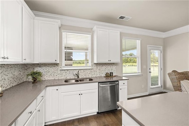 1054 Georgian Point Dr, Lawrenceville, GA 30045 - kitchen with stainless steel dishwasher, visible vents, white cabinets, dark wood-style flooring, and a sink