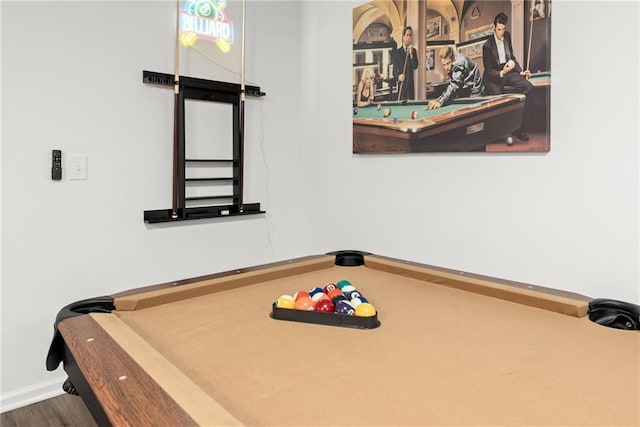 playroom featuring billiards, baseboards, and wood finished floors