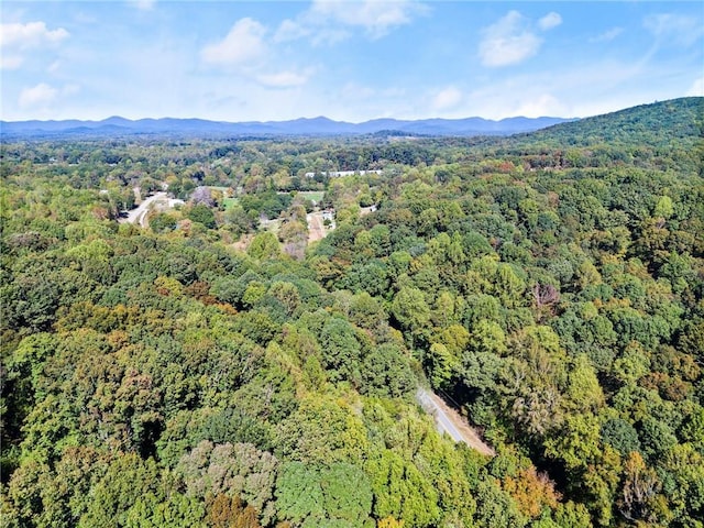 drone / aerial view with a mountain view and a wooded view