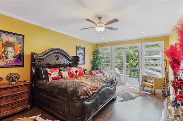 bedroom with dark hardwood / wood-style floors, ceiling fan, access to exterior, and ornamental molding