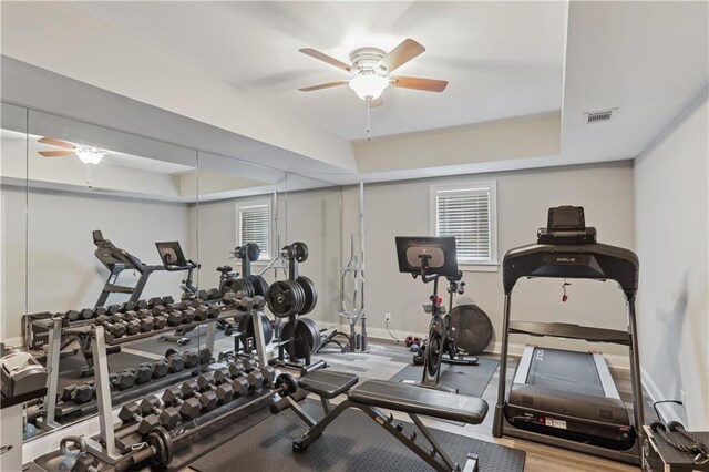 interior space featuring a wealth of natural light, ceiling fan, and hardwood / wood-style flooring