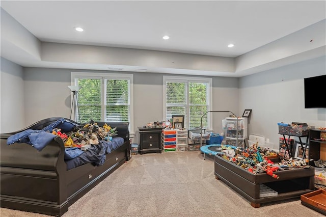 carpeted bedroom with a tray ceiling