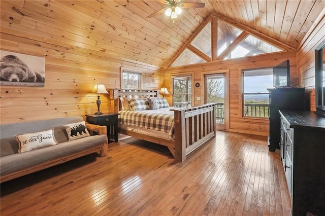 bedroom with wooden walls, wooden ceiling, and hardwood / wood-style floors