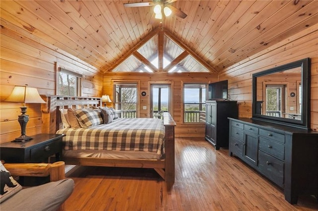 bedroom with light hardwood / wood-style flooring, wood walls, lofted ceiling, and wooden ceiling