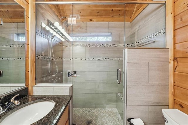 bathroom featuring wood ceiling, walk in shower, vanity, and toilet