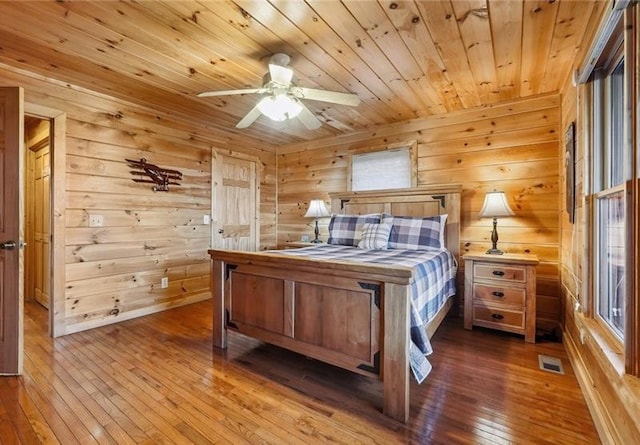 bedroom with wood-type flooring, wooden walls, wooden ceiling, and ceiling fan