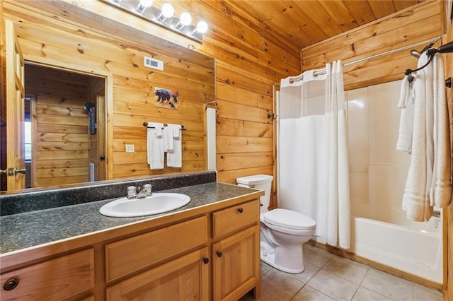 full bathroom featuring wood ceiling, shower / bath combination with curtain, wooden walls, vanity, and toilet