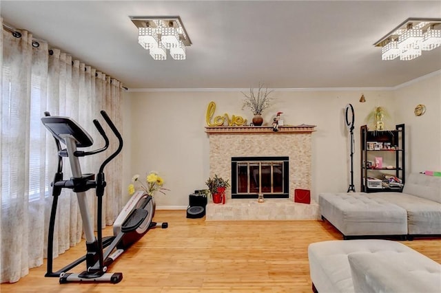 workout area featuring ornamental molding, a tile fireplace, hardwood / wood-style floors, and a healthy amount of sunlight