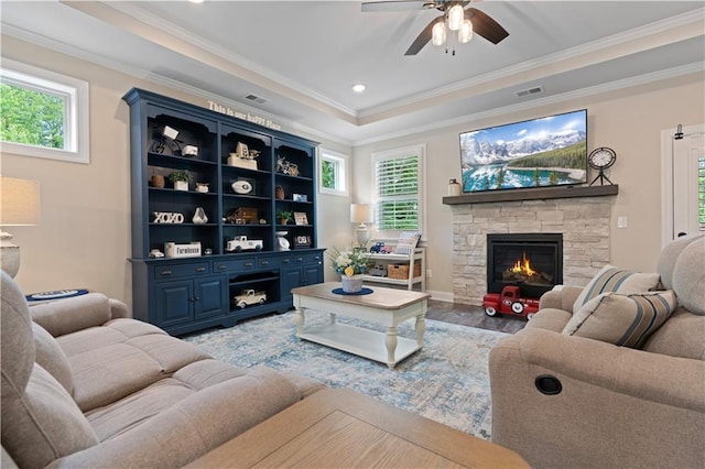 3392 Fall Branch Ln, Buford, GA 30519 - living area featuring a ceiling fan, healthy amount of natural light, a fireplace, and ornamental molding