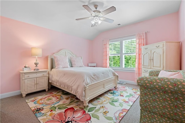 3392 Fall Branch Ln, Buford, GA 30519 - bedroom featuring light carpet, vaulted ceiling, and a ceiling fan