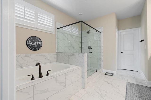 3392 Fall Branch Ln, Buford, GA 30519 - full bathroom featuring a marble finish shower, a bath, and marble look tiles