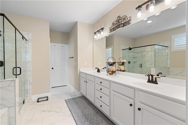 3392 Fall Branch Ln, Buford, GA 30519 - bathroom with double vanity, a stall shower, and marble finish flooring