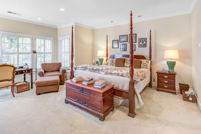 bedroom featuring crown molding, visible vents, and light colored carpet