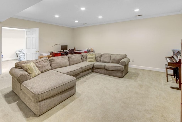 living area featuring light carpet, ornamental molding, recessed lighting, and baseboards