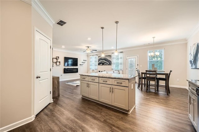 3070 Fareed St, Douglasville, GA 30135 - kitchen with ornamental molding, gray cabinets, dark wood finished floors, a chandelier, and baseboards