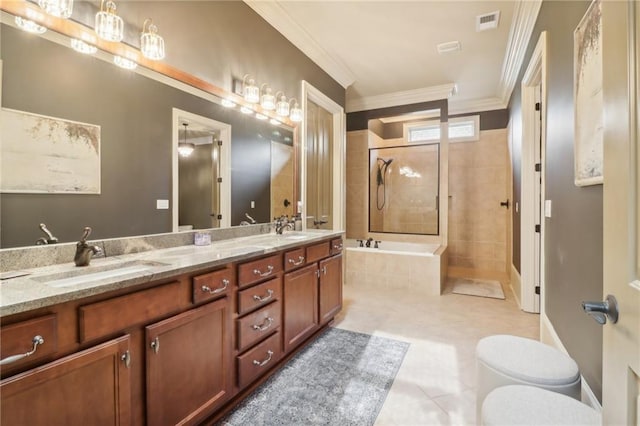 full bathroom featuring toilet, crown molding, vanity, plus walk in shower, and tile patterned flooring