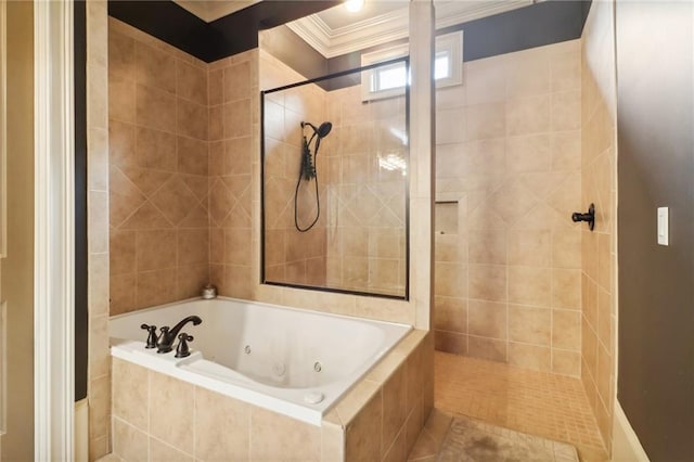 bathroom with plus walk in shower and ornamental molding