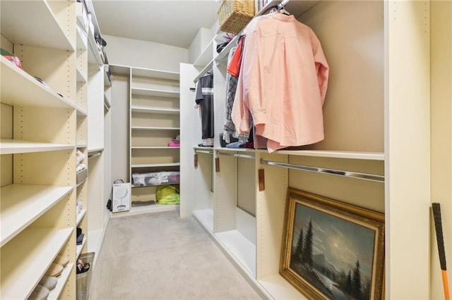 walk in closet featuring light colored carpet