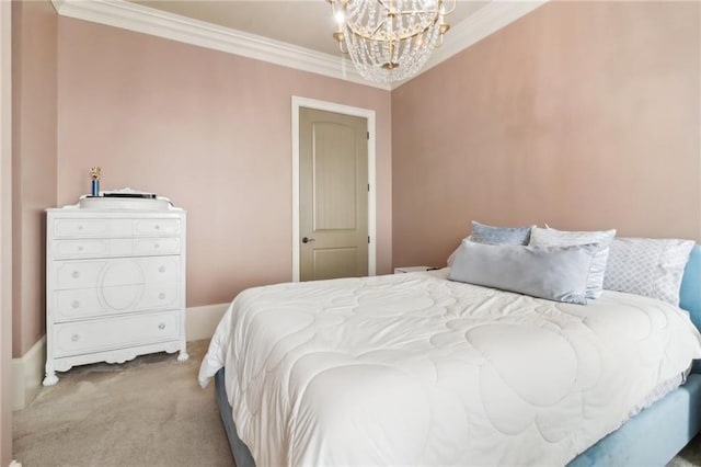 carpeted bedroom featuring ornamental molding and a chandelier