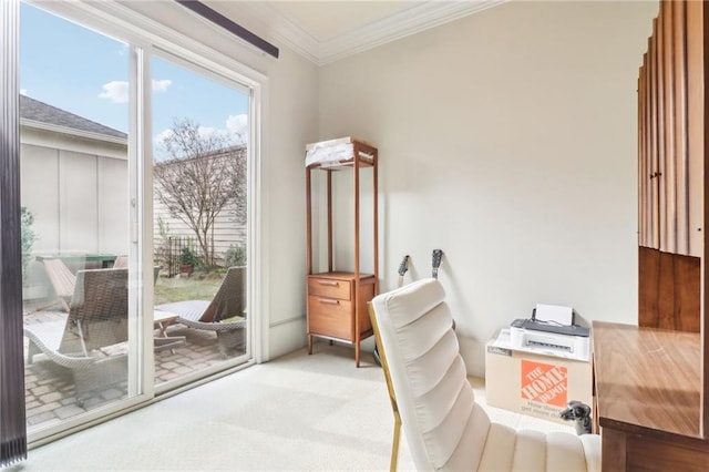 home office featuring carpet floors and ornamental molding