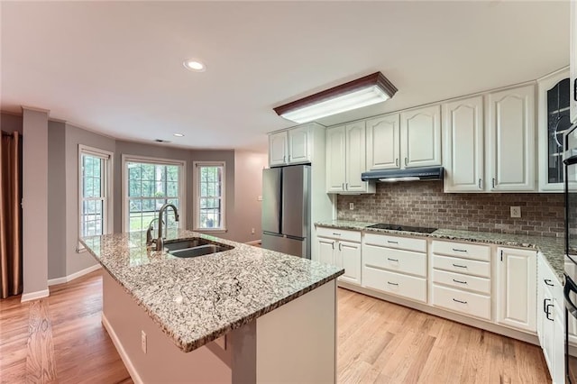 245 Sutallee Ridge Ln NE, White, GA 30184 - kitchen with freestanding refrigerator, a sink, black electric cooktop, under cabinet range hood, and tasteful backsplash