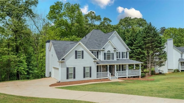 view of front facade featuring covered porch, concrete driveway, a shingled roof, and a front yard