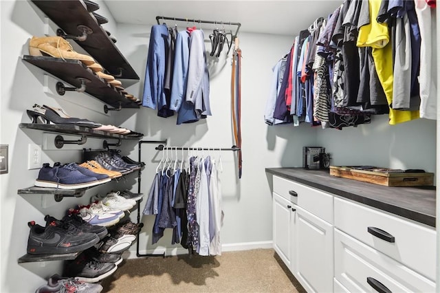 walk in closet with light carpet